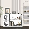 Modern White Decorative Cabinet with Books Deer Figurine Vase and Plant in Minimalist Living Room