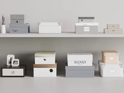 Assorted Storage Boxes In Different Colors And Styles On White Shelves With Labels 3d model