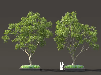 Two Lush Green Deciduous Trees With Foliage And People Standing Nearby 3d model