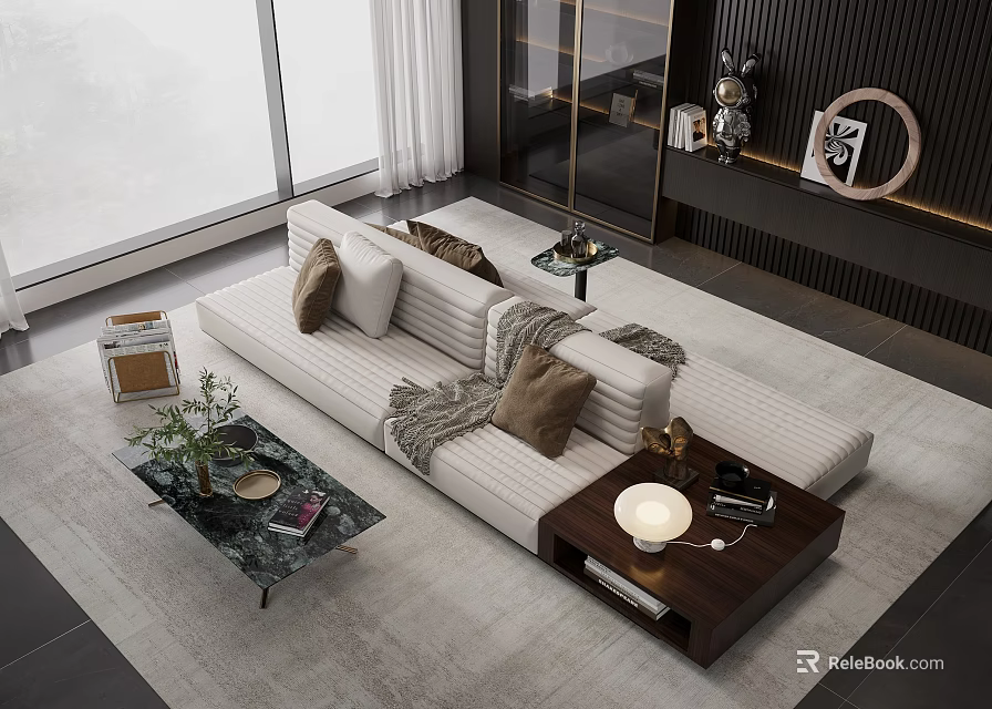 White Striped Sectional Sofa in Modern Living Room with Coffee Tables Rug Pillows and Decorations 3d model 