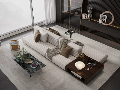 White Striped Sectional Sofa in Modern Living Room with Coffee Tables Rug Pillows and Decorations 3d model
