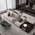White Striped Sectional Sofa in Modern Living Room with Coffee Tables Rug Pillows and Decorations