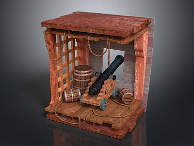 Medieval Cannon Weapon Display Featuring Wooden Structure And Barrels 3d model