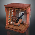Medieval Cannon Weapon Display Featuring Wooden Structure And Barrels