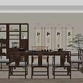 Traditional Tea Room Interior with Calligraphy Scrolls Bookshelves Wooden Tables and Green Plants