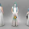 Woman In Halloween Costume With Blue Hair Flower Crown White Dress And Pumpkin Doll