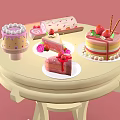 Delicious Assorted Cakes With Strawberry Toppings And Cream Decorations On White Round Table