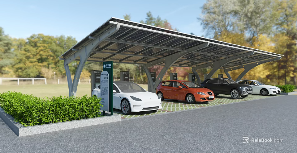 Solar Canopy EV Parking Lot With Charging Stations And Parked Cars 3d model 