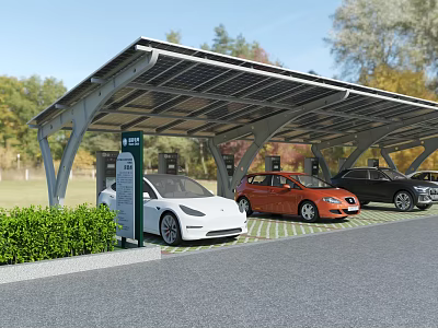 Solar Canopy EV Parking Lot With Charging Stations And Parked Cars 3d model