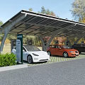 Solar Canopy EV Parking Lot With Charging Stations And Parked Cars