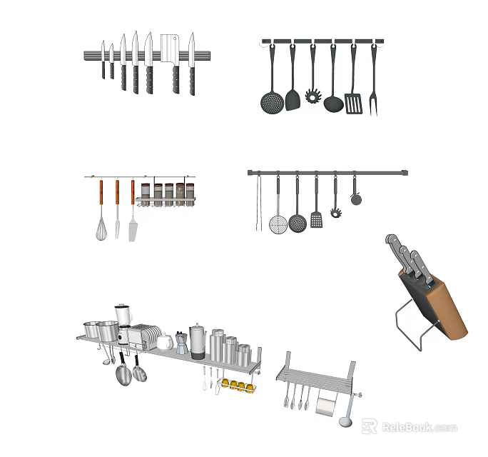 Essential Kitchen Utensils Including Knives Spatulas Spoons And Spice Jars On Racks 3d model 