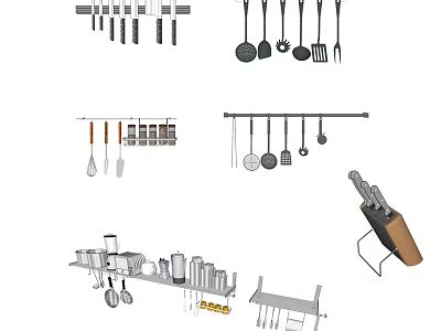 Essential Kitchen Utensils Including Knives Spatulas Spoons And Spice Jars On Racks 3d model