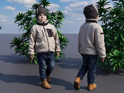 Children Wearing Beige Jackets Dark Hats And Blue Jeans Near Green Plants Under Blue Sky 3d model
