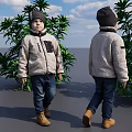 Children Wearing Beige Jackets Dark Hats And Blue Jeans Near Green Plants Under Blue Sky