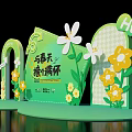 Spring Themed Decorative Display With Green Arch House Shaped Structure Rabbit Decor And Flowers