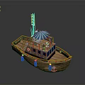 Wooden Boat Model With Blue Umbrella Deck Cabin And Flag Structure