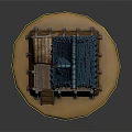 Wooden Cottage Model With Blue Tiled Roof Windows Stairs And Fence Base