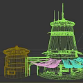 Futuristic Building Design Featuring Tower Structure Adjacent Circular Annex Red Canopies And Antennas