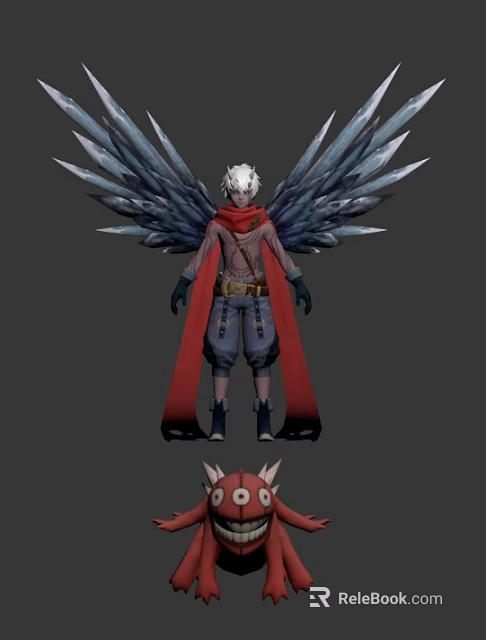 Game Movie Character With White Hair Icy Blue Wings Red Cape And Small Companion 3d model 