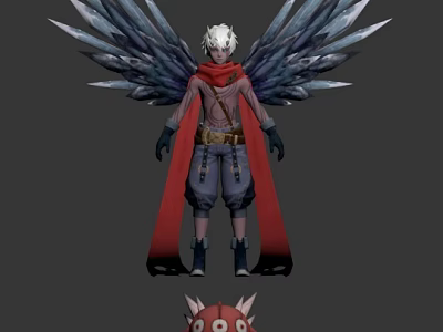 Game Movie Character With White Hair Icy Blue Wings Red Cape And Small Companion 3d model