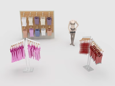 Modern Clothing Display Racks With Pink Red Purple Tops Lingerie And Mannequin In Store 3d model