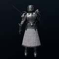 Man in medieval knight armor standing holding sword with detailed metal design
