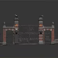 Entrance Gate Featuring Red Brick Pillars Stone Lion Statues Black Iron Grille And Green Lamps