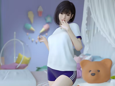 Woman in Purple Bedroom with Colorful Ice Cream Decor Round Chair Teddy Bear Striped Shorts 3d model