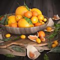 Fresh Oranges And Tangerines In Wooden Bowl With Leaves And Peeled Segments