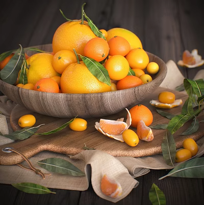 Fresh Oranges And Tangerines In Wooden Bowl With Leaves And Peeled Segments 3d model