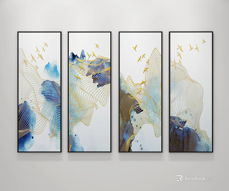 Modern Abstract Wall Art With Golden Birds And Blue Gold Elements Four Panel Set 3d model