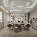 Modern Office Interior Design With Curved Sofa Bookshelves Potted Plant And City View
