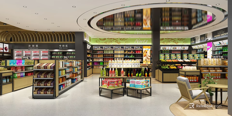 Modern Supermarket Department Store With Neatly Arranged Shelves Various Products Fresh Fruits And Beverages 3d model 