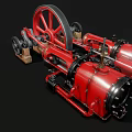 Red Steam Locomotive Model With Large Wheels And Mechanical Parts On Black Background