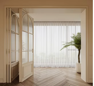 French folding door glass sliding door sliding door glass door gauze curtain potted plant 3d model