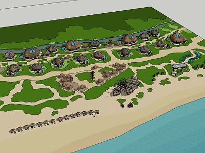 Tropical Beachfront Resort With Thatched Dome Huts Green Landscaping And Waterfront Paths 3d model