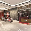 Elegant Chinese Style Boutique Store Interior With Red Display Cabinets Reception Counter And Marble Floor