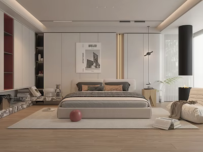 Modern Bedroom Interior With Large Bed Artwork Nightstand Floor Lamp And Wooden Floor 3d model