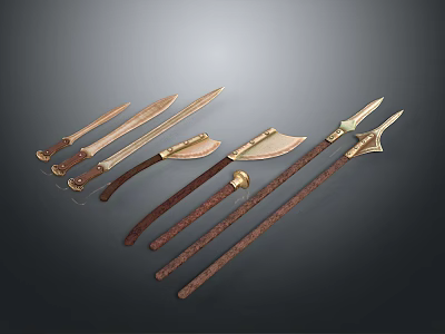 Ancient Medieval Weapons Collection Including Swords Axes And Spears With Wooden Handles 3d model