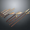 Ancient Medieval Weapons Collection Including Swords Axes And Spears With Wooden Handles