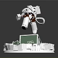 Floating White Astronaut Above Circular Platform With Tablet And Metallic Debris