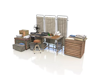 Vintage Daily Life Supplies Including Screens Fan Table Stool Trunks Books And Drawer Cabinet 3d model