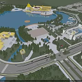 Aerial View Planning Of Water Area Yellow Buildings Green Spaces Plaza And Roads