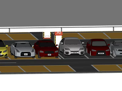 Well Organized Parking Lot With Multiple Parked Cars And Entry Gate Lined Spaces 3d model