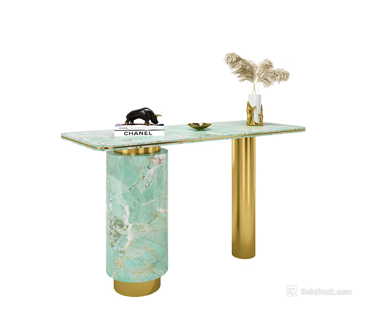 Elegant Green Marble Console Table with Golden Legs Pampas Grass and Black Decor 3d model 