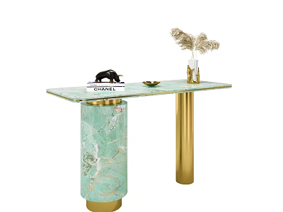Elegant Green Marble Console Table with Golden Legs Pampas Grass and Black Decor 3d model