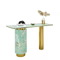 Elegant Green Marble Console Table with Golden Legs Pampas Grass and Black Decor