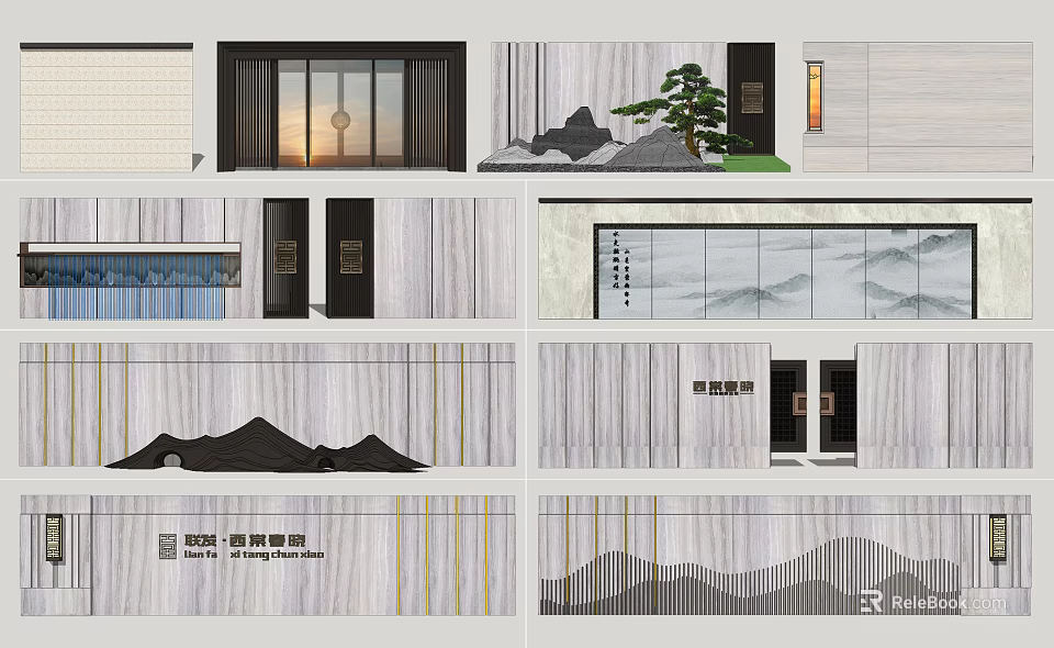 Chinese Style Feature Wall With Landscape Pattern And Modern Marble Texture Design 3d model