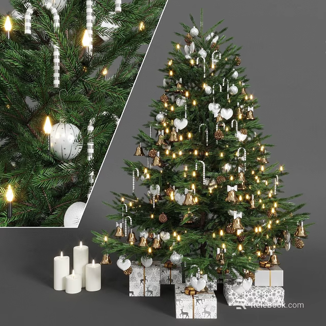 Decorated Christmas Tree With String Lights Bells Heart Ornaments White Balls And Candles 3d model 