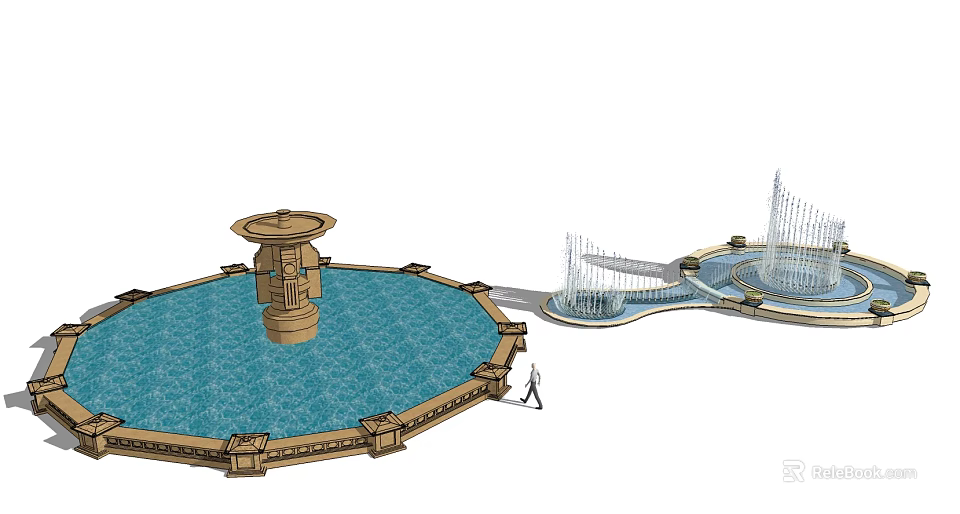 Large Circular Fountain With Central Multi tiered Structure And Adjacent Water Curtain Design 3d model 